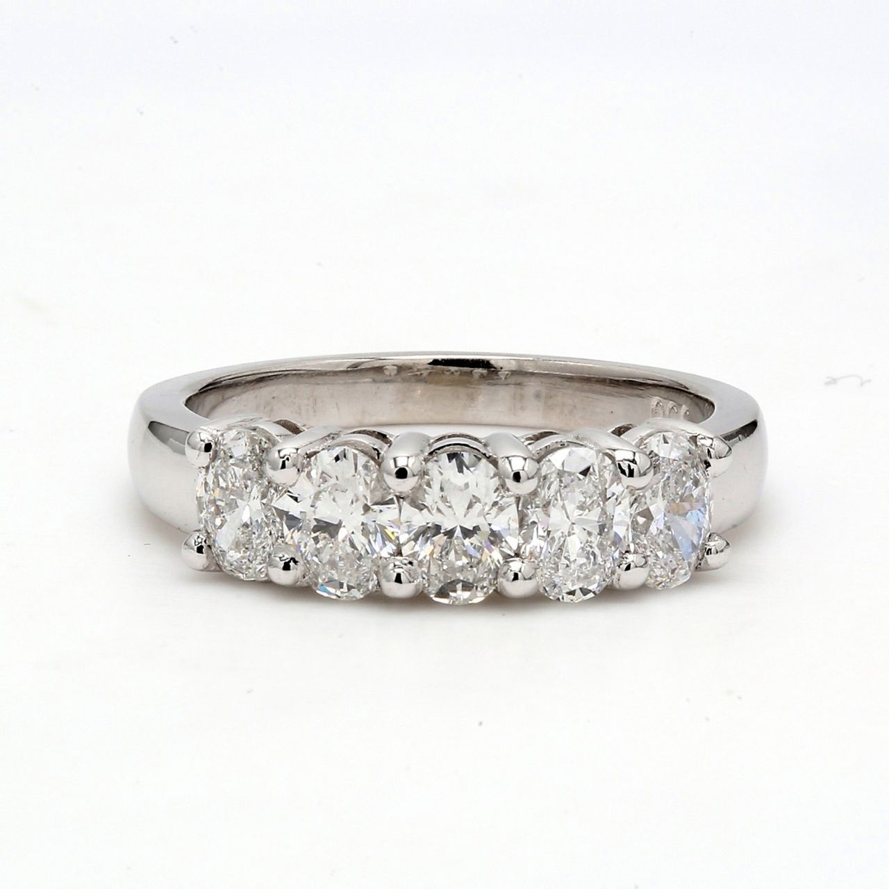 5-stone band in platinum with shared prong set oval cut diamonds.  D1.44ct.t.w.  Size 7