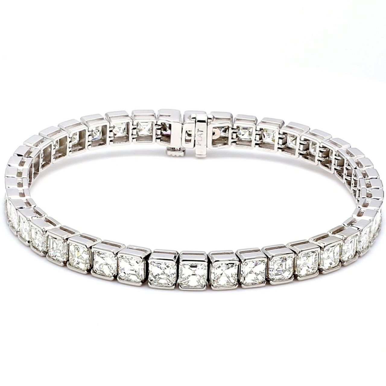 Tennis bracelet in platinum with half bezel set H-I/VS asscher cut diamonds.  D13.76ct.t.w.