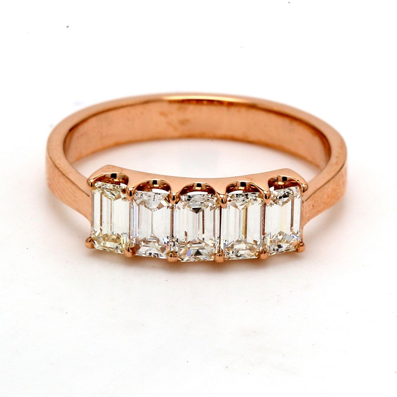 5-stone band in 18K RG with U-prong set emerald cut diamonds.  D0.86ct.t.w.  Size 5.25
