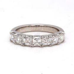 7-stone band in platinum with prong set asscher cut diamonds.  D1.52ct.t.w.  Size 6