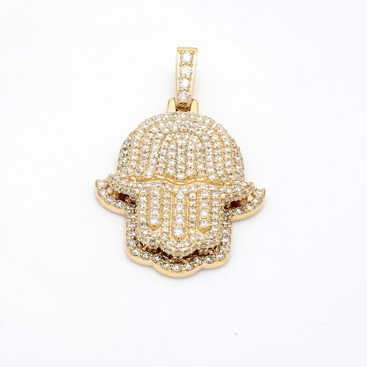 Hamsa pendant in 14K YG with pave set round diamonds.  D3.86ct.t.w.