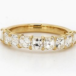 9-stone band in 18K YG with basket prong set asscher cut diamonds.  D1.48ct.t.w.  Size 5.5