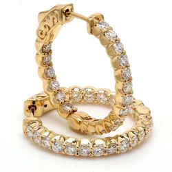 0.75' Inside out hoop earrings in yellow gold with shared prong set (38) round diamonds & with special spring lock.  D1.46ct.t.w.