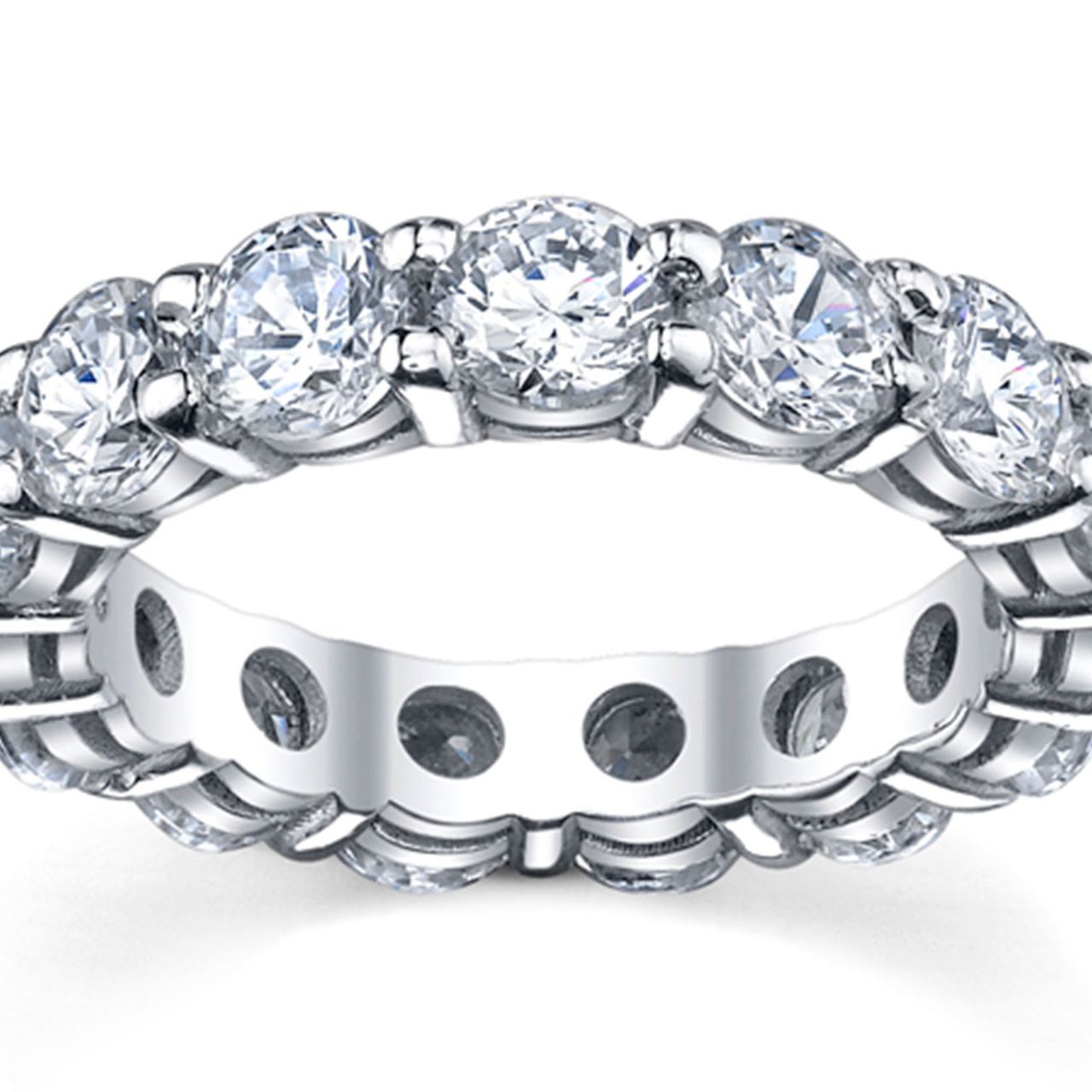 Eternity band with shared 4-prong set (14) round diamonds.  D4.54ct.t.w.  Size 5.25