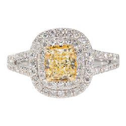 Double halo split shank ring in 18K WG with French pave set rounds around FY radiant cut diamond center stone.  D1.25ct.t.w.  (Center 0.66ct.)  Size 6.5