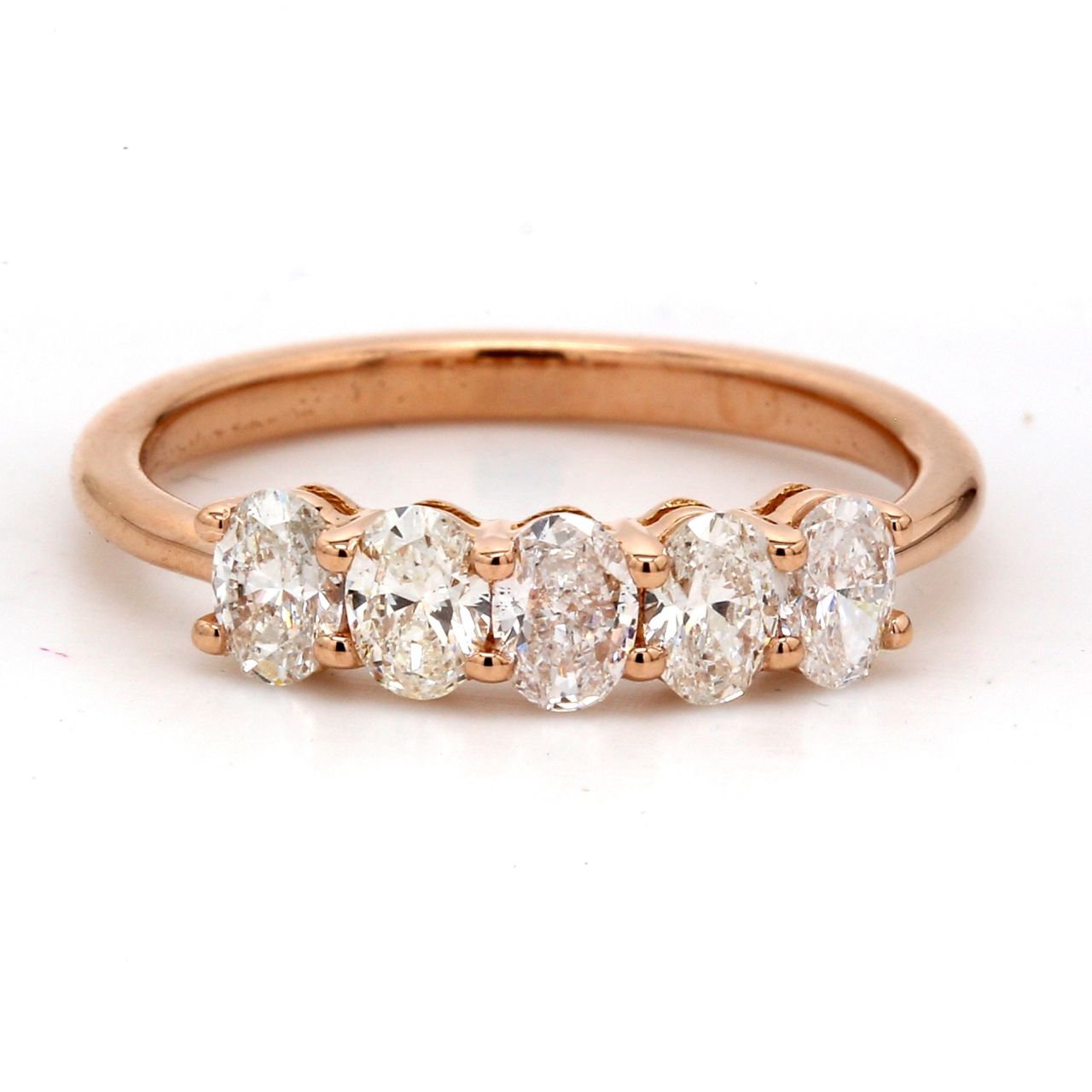 5-stone band in 18K RG with basket prong set oval diamonds.  D0.95ct.t.w.  Size 7.5