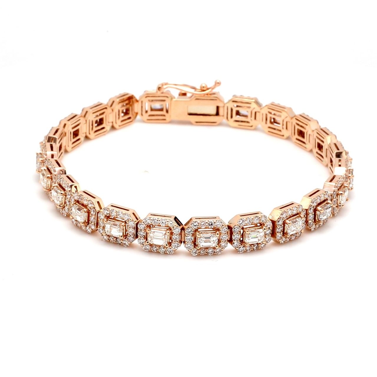 7' Halo tennis bracelet in 14K RG with pre-set rounds around prong set (23) emerald cut diamond centers.  D7.86ct.t.w.  (Center 4.23ct.t.w.)