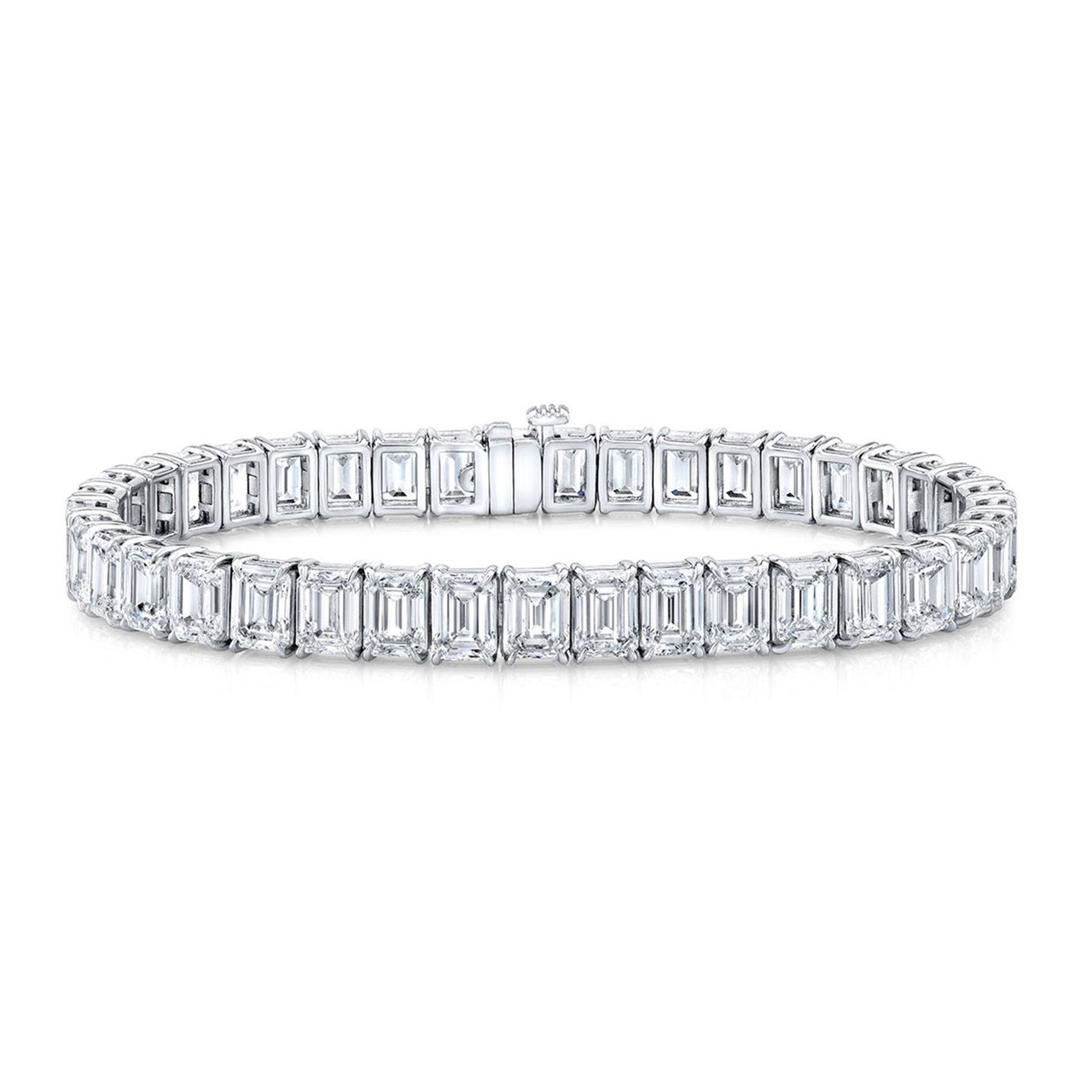 7' Tennis bracelet in platinum with claw prong set G-I/VVS2-VS2 GIA certified (45) emerald cut diamonds.  D22.58ct.t.w.