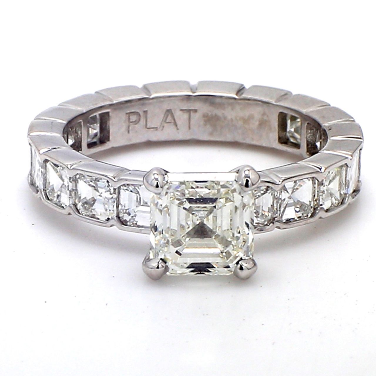 Semi-mount in platinum for prong set asscher cut center with half bezel set asscher cut diamonds on the shank.  D1.96ct.t.w.  Size 4