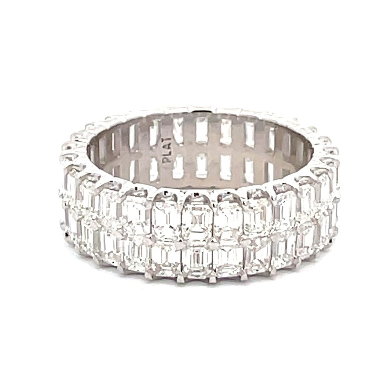 Two-row eternity band in platinum with U-prong set (56) emerald cut diamonds.  D4.76ct.t.w.  Size 6
