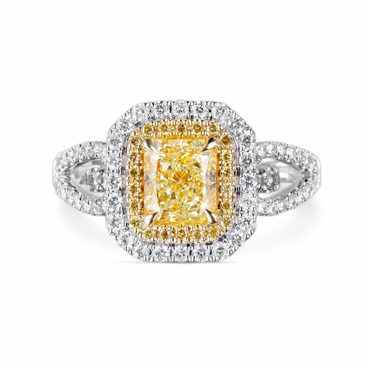 18KWG Radiant Shape Double Halo Split Shank Ring