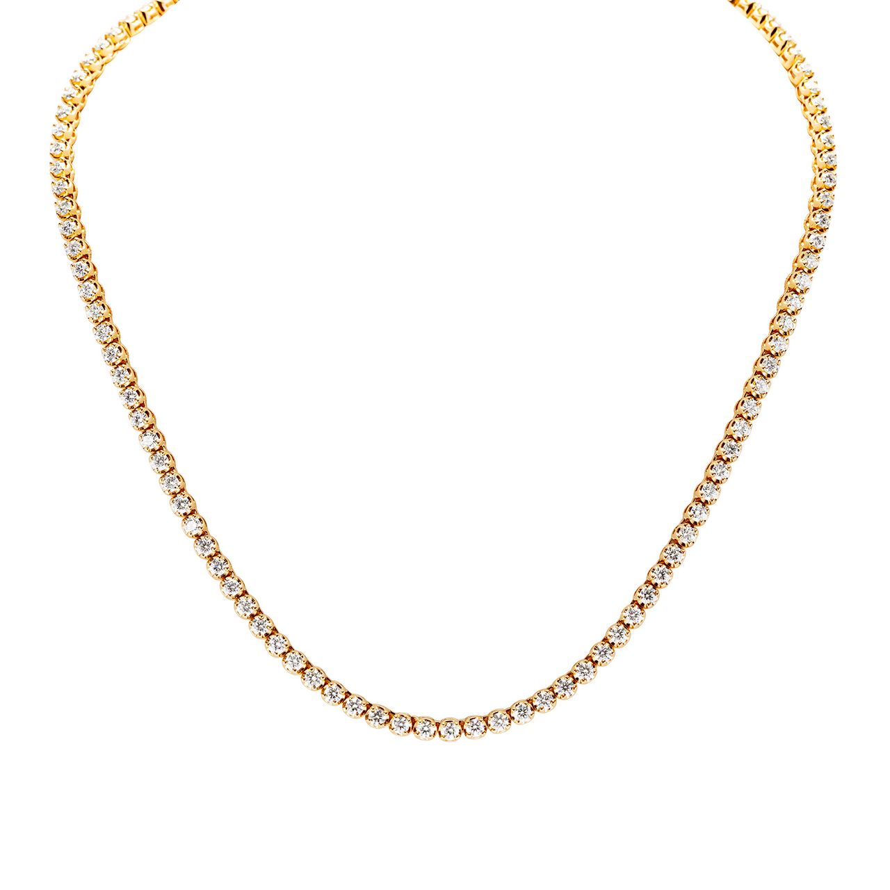 17' Tennis necklace in yellow gold with basket illusion set (111) round diamonds.  D9.38ct.t.w.