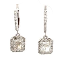 Halo dangling earrings in 18K WG with rounds around H/SI-SI2 GIA certified radiant cut diamond centers.  D3.87ct.t.w.