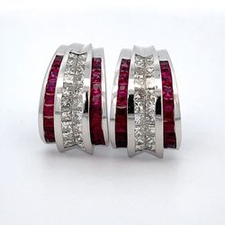 French clip earrings with 2-row invisible set princess cut diamonds on center & channel set princess cut rubies on the sides.  D2.52ct.t.w.  (Ruby - 2.62ct.t.w.)