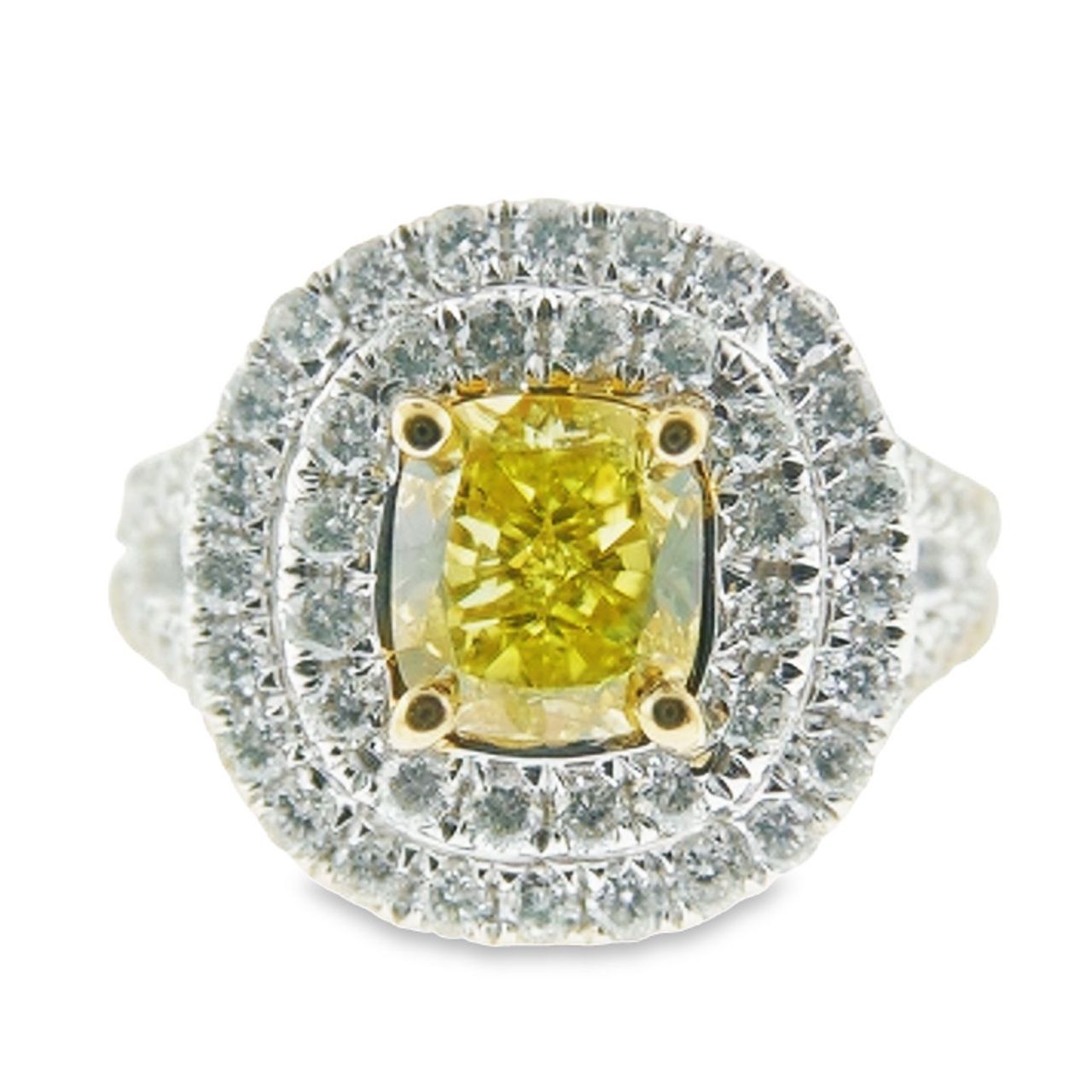 Double halo split shank semi-mount in 18K WG with prong set round diamonds.  D0.87ct.t.w.  Size 6.5