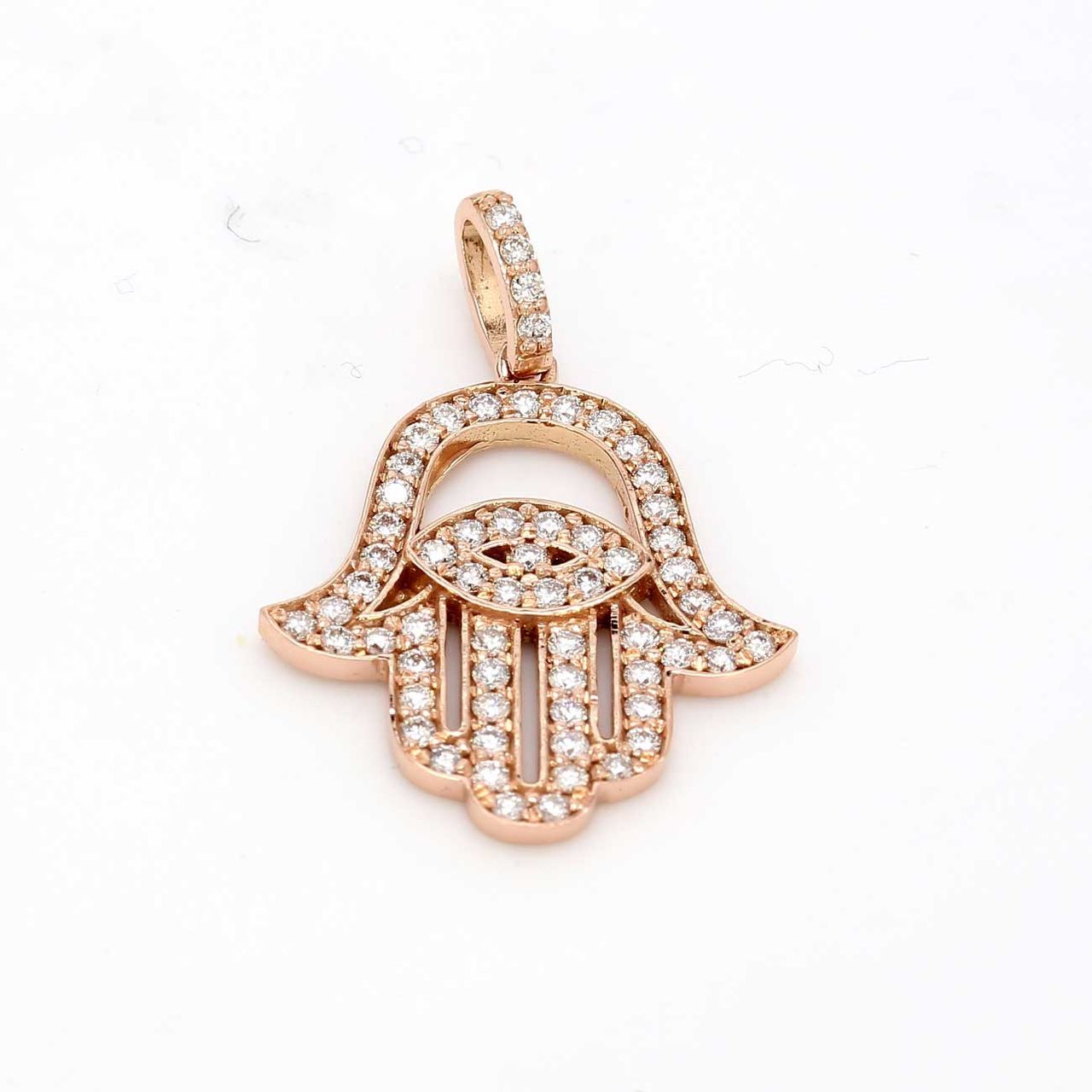 Hamsa pendant in rose gold with pave set round diamonds.  D0.60ct.t.w.