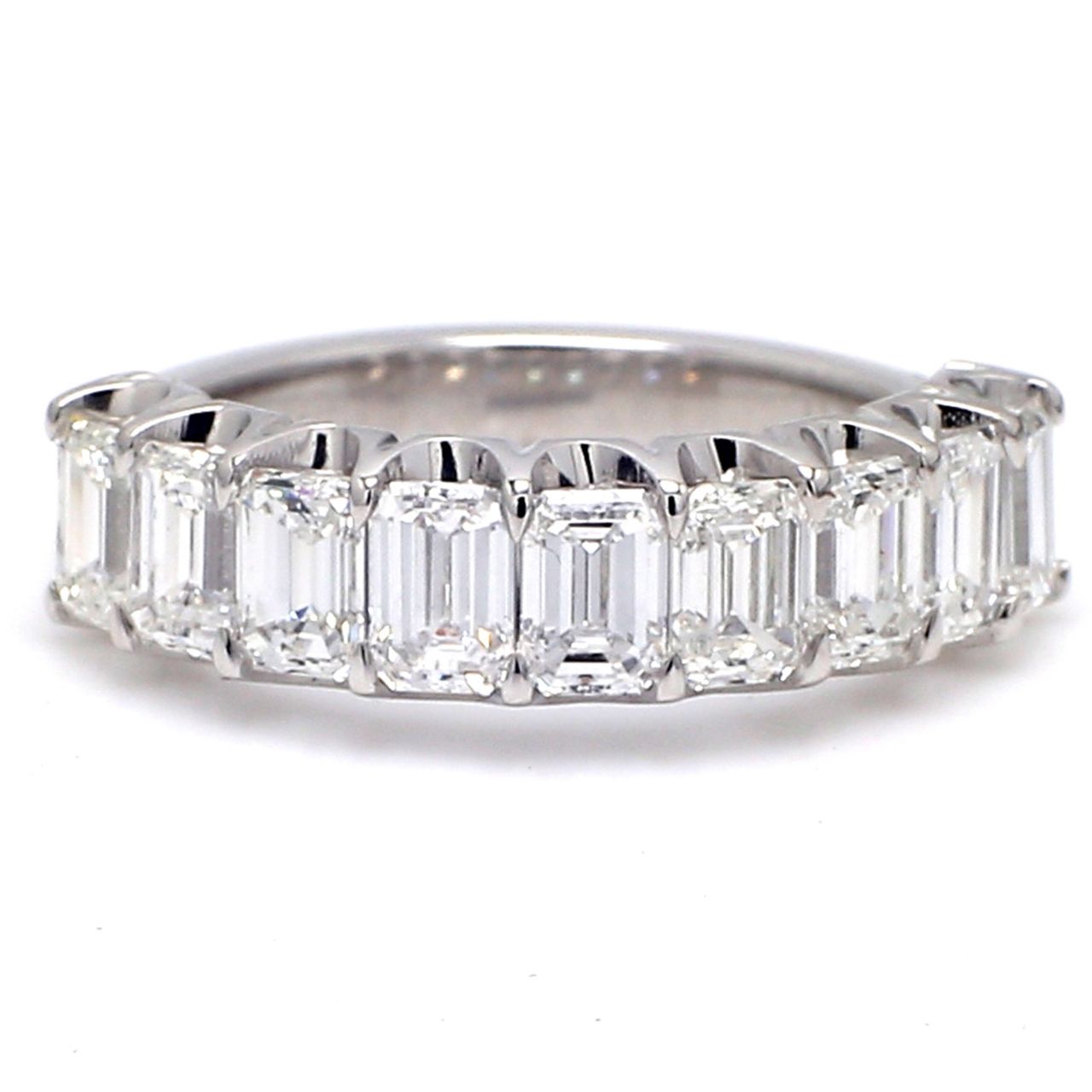 9-stone band in platinum with basket U-prong set emerald cut diamonds.  D1.94ct.t.w.  Size 5