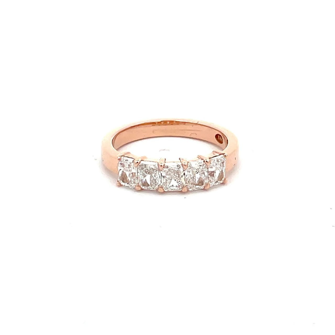 5-stone band in 18K RG with shared prong set single basket radiant diamonds.  D1.20ct.t.w.