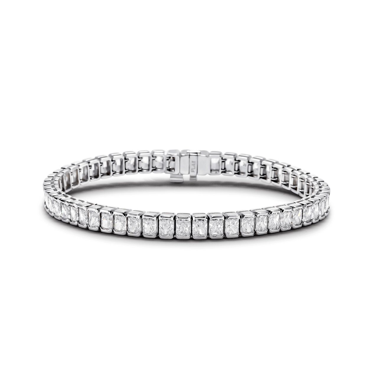7' Tennis bracelet in platinum with half bezel set (54) radiant cut diamonds.  D12.92ct.t.w.