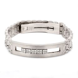 Men's brush finished ID bracelet with 5 moving 2x2 invisible set princess cut diamonds.  D0.82ct.t.w.