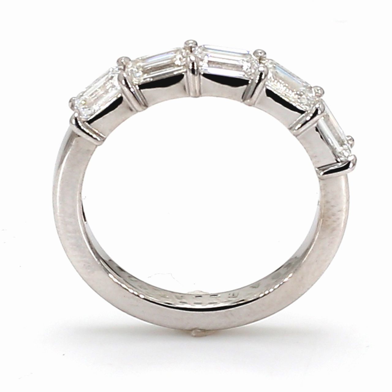5-stone band east to west style with prong set emerald cut diamonds.  D1.55ct.t.w.  Size 6