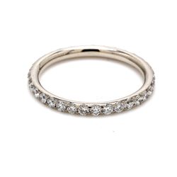 Eternity band in platinum with pre-set (33) round diamonds.  D0.75ct.t.w.  Size 5.5
