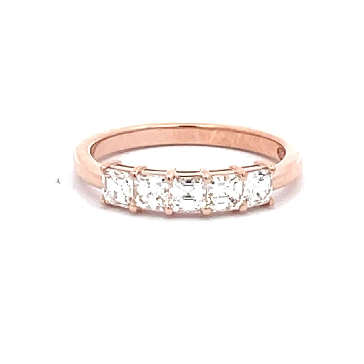 5-stone band in 18K RG with basket prong set asscher cut diamonds.  D0.67ct.t.w.  Size 5.5