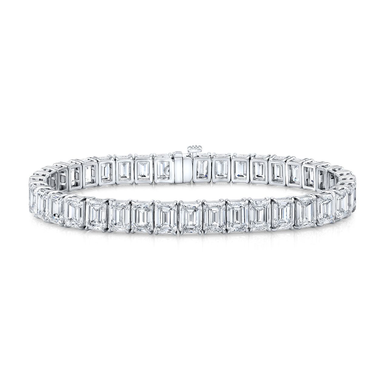 7' Tennis bracelet in platinum with 4-prong claw basket set GIA certified G-I/VVS1-VS2 (45) emerald cut diamonds.  D22.75ct.t.w.