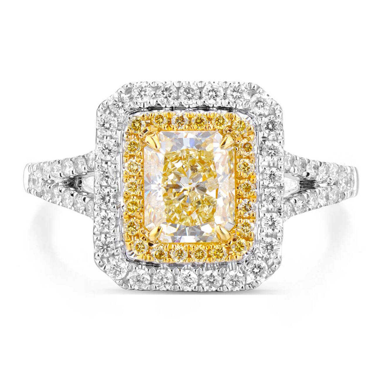 18KWG Radiant Shape Double Halo Pave Split Shank Ring