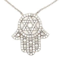 Big size Hamsa pendant with Star of David in center, chain attached, and pave set (96) round diamonds.  D1.07ct.t.w.
