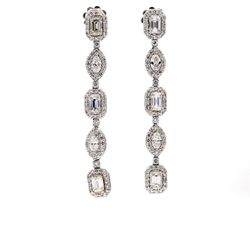 Halo dangling earrings with prong set rounds around 4-prong set emerald cut & marquise diamond centers.  D3.76ct.t.w.