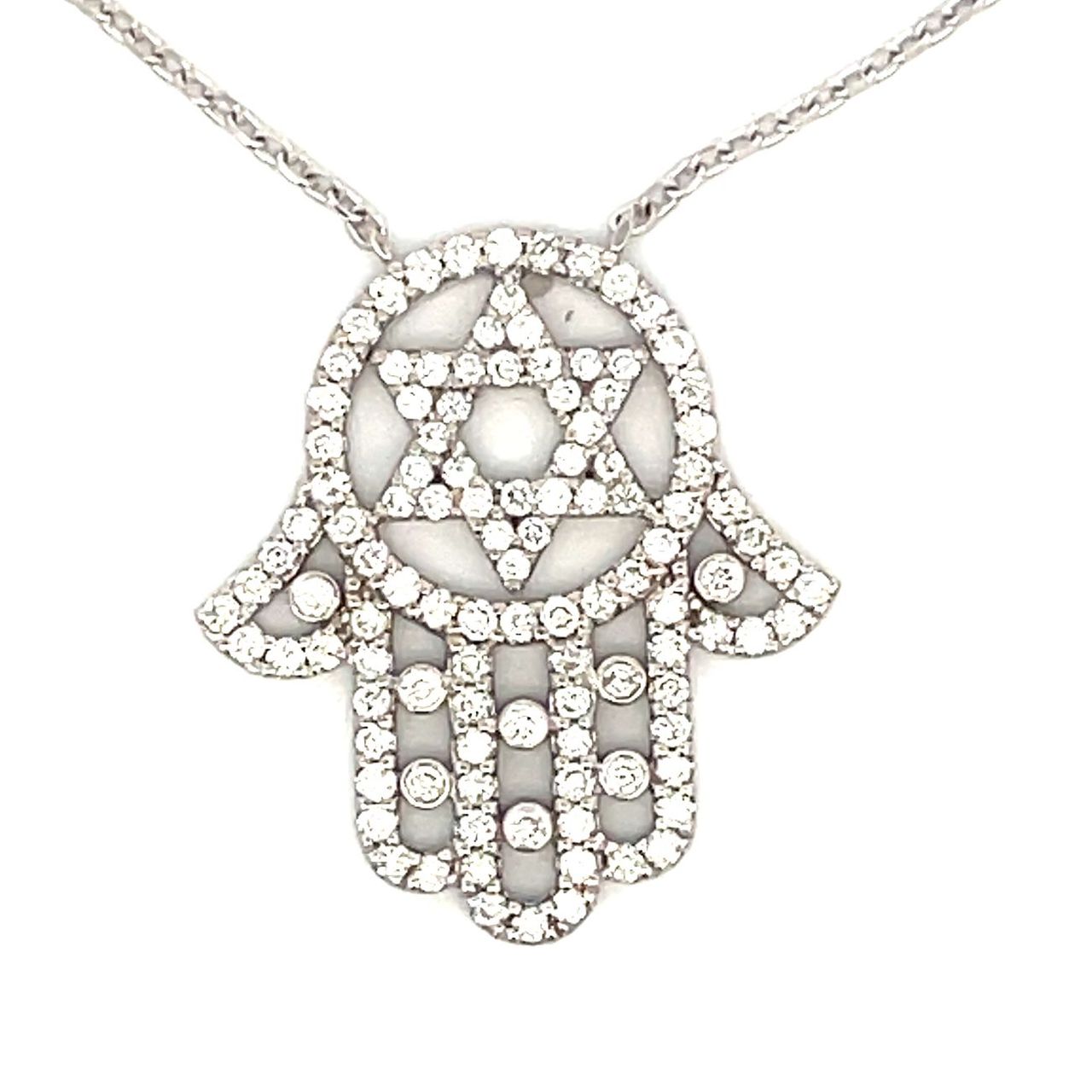 Big size Hamsa pendant with Star of David in center, chain attached, and pave set (96) round diamonds.  D1.07ct.t.w.