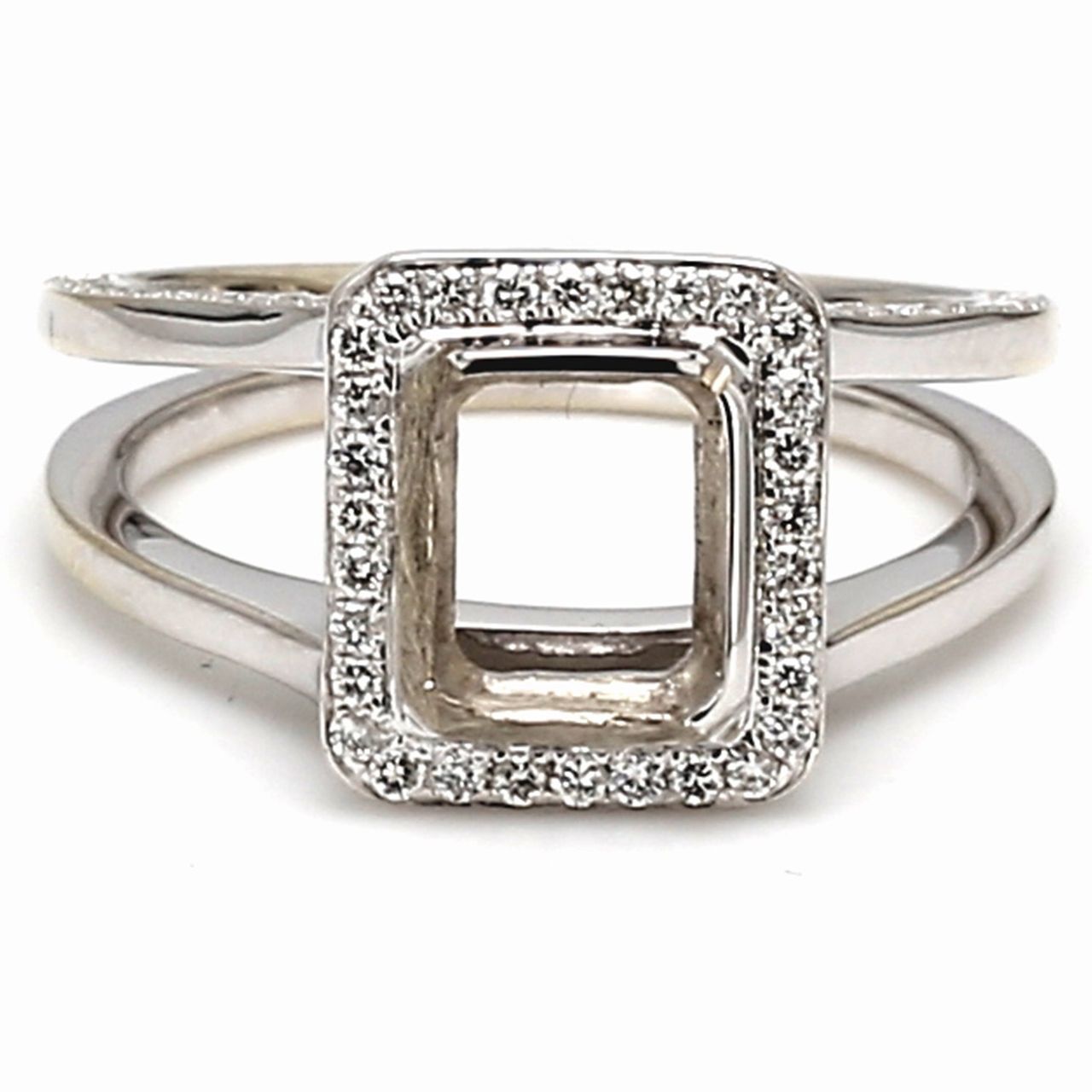 Halo split-shank semi-mount in 18K WG with pave set round diamonds.  D0.52ct.t.w.