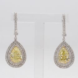 Double halo dangling earrings in 18K WG with pre-set round diamonds around GIA certified FLY/SI1-SI2 pear shape diamond centers.  D2.97ct.t.w.  (Centers 2.25ct.t.w.)