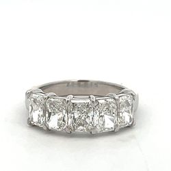 5-stone band in platinum with shared claw prong basket set G-H/SI1 GIA certified radiant cut diamonds.  D2.65ct.t.w.  Size 6