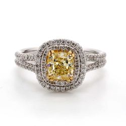 Double halo ring with 4-prong set GIA certified FLY/VVS2 cushion cut center & prong set round diamonds.  D1.66ct.t.w.  (Center 1.21ct.)  Size 6.75