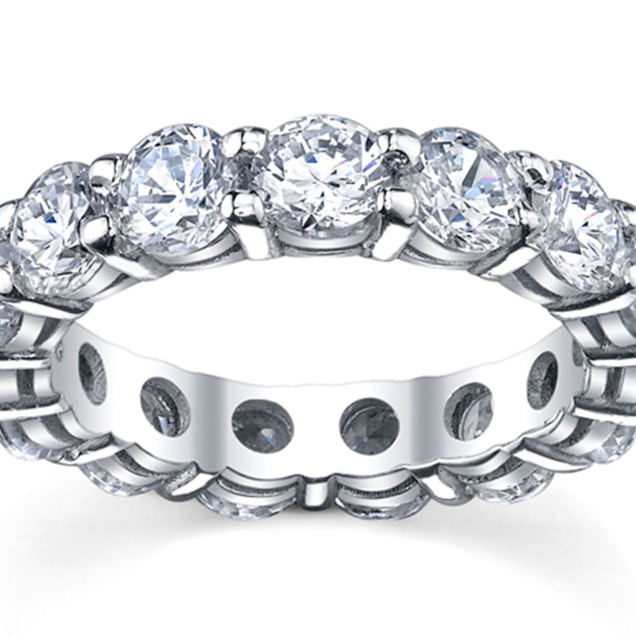 Eternity band with shared prong set (14) round diamonds.  D4.80ct.t.w.  Size 5.25