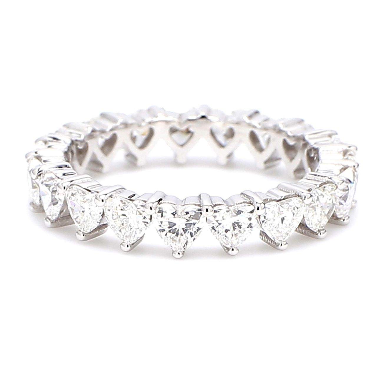Eternity band in platinum with 3-prong set (19) heart shape diamonds.  D2.25ct.t.w.  Size 6