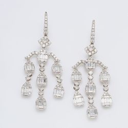 2.5' Leverback chandelier earrings in 18K WG with prong set baguettes and rounds & bezel set princess cut diamonds.  D5.68ct.t.w.