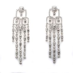 3' Chandelier earrings in 18K WG with pre-set rounds, channel set emerald cuts, & bezel set princess cut diamonds.  D7.25ct.t.w.