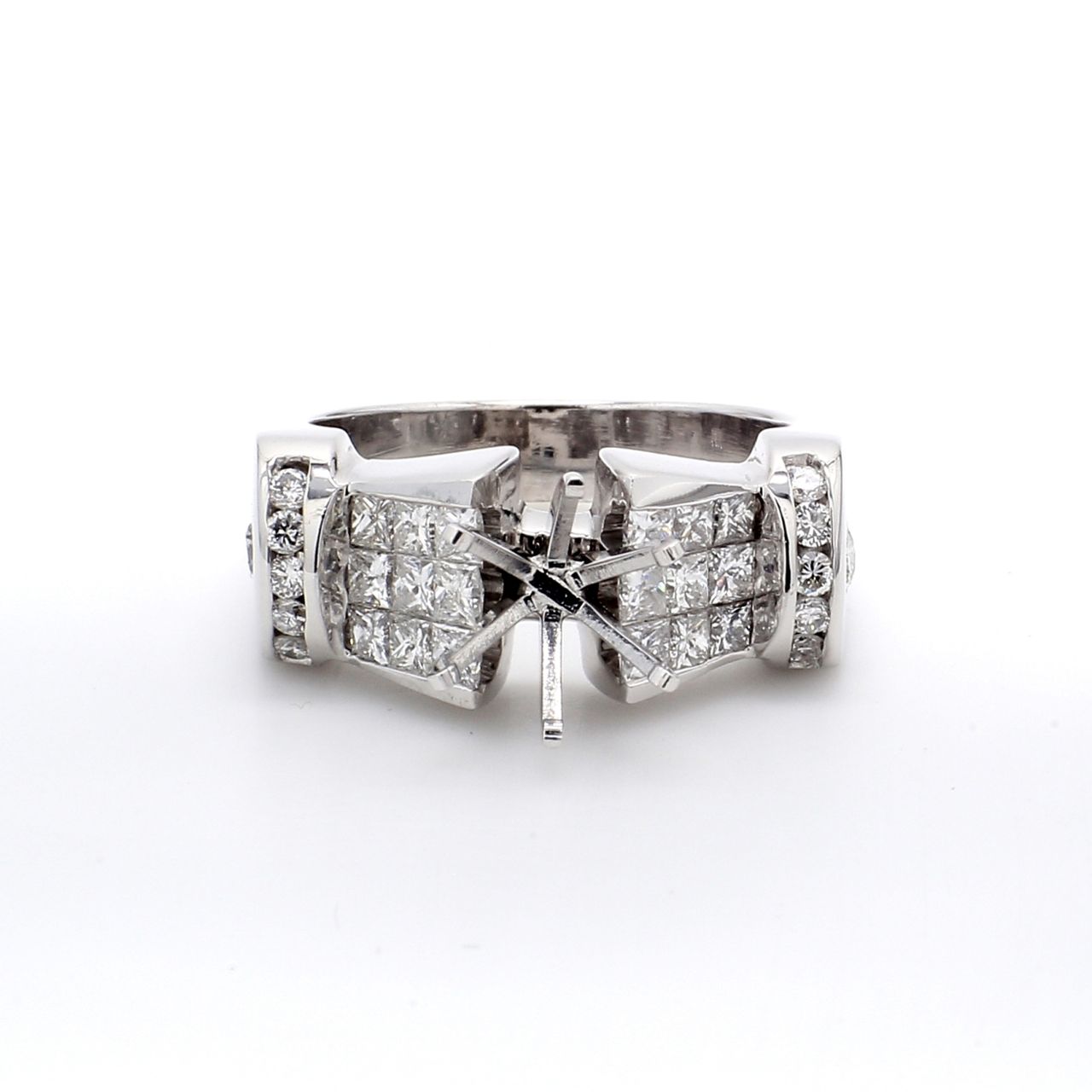 Semi-mount with 3-row princess cuts & round diamonds.  D1.21ct.t.w.