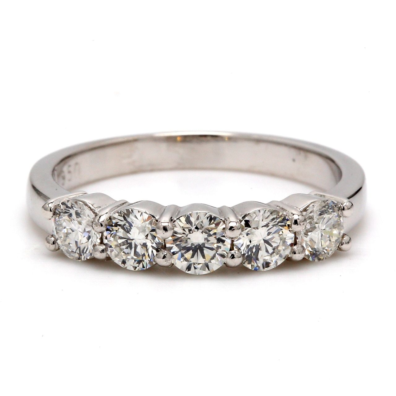 5-stone band in platinum with shared prong set round diamonds.  D1.00ct.t.w.