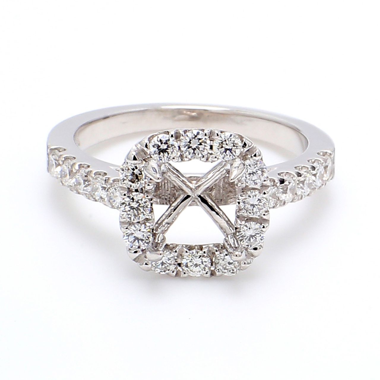 Halo semi-mount with U-prong set round diamonds.  D0.62ct.t.w.  Size 5.75