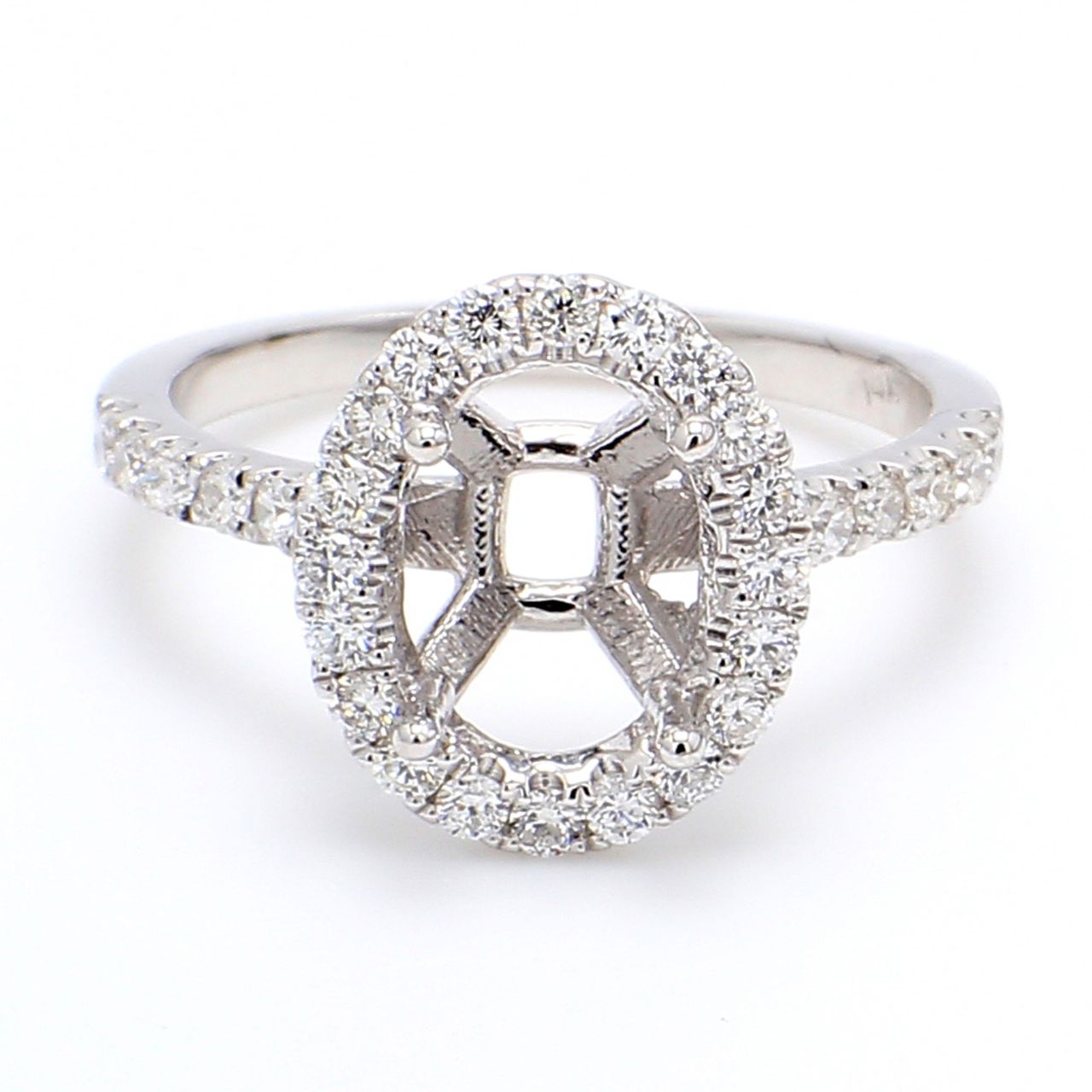 Halo semi-mount with U-prong set round diamonds.  D0.53ct.t.w.  Size 6