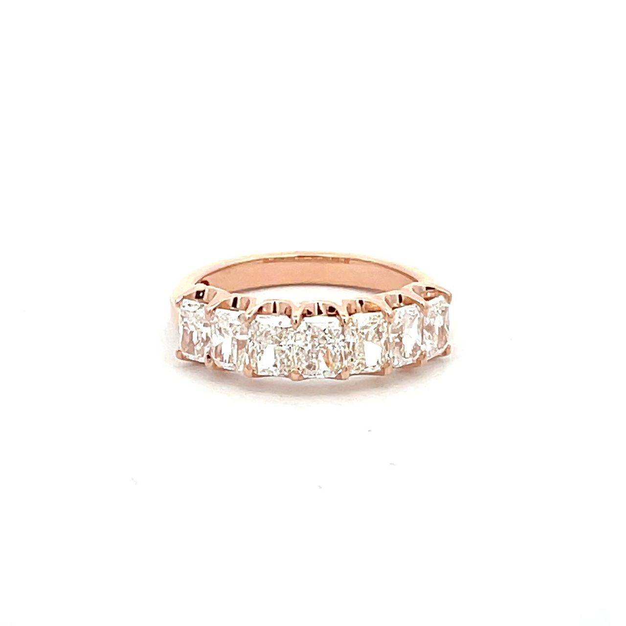 7-stone band in 18K RG with shared U-prong set radiant diamonds.  D1.67ct.t.w.